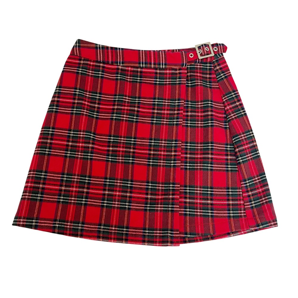 Brandy Melville John Galt Emerson Red Plaid Mini Wrap Skirt Buckle Preppy Tartan